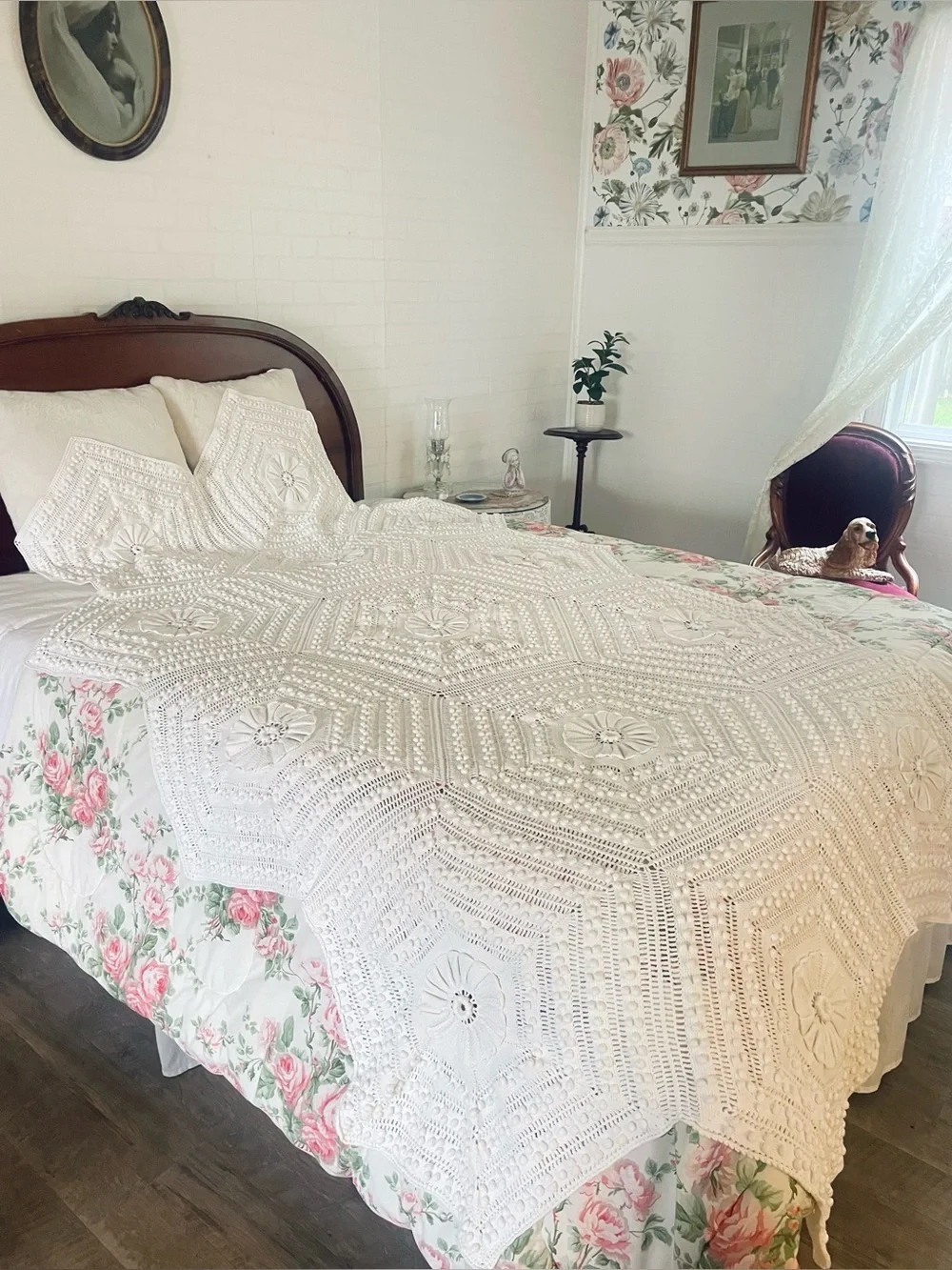 Vintage Afghan Crochet Popcorn Raised Floral White Cotton Handmade 52x104